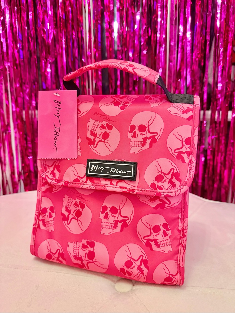 NWT Betsey Johnson Pink Gothic Skull Print Lunch Bag Tote